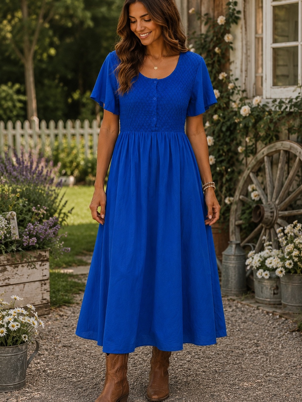 Vermont Country Store gauze maxi dress smocked bodice short sleeve s1